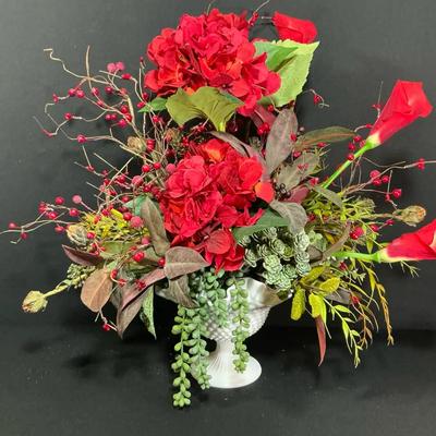 Artificial Red Hydrangea Floral Arrangment In Fenton Hobnail Planter 