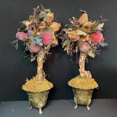 Pair Of Beaded Fruit Topiaries In Brass Bowls 