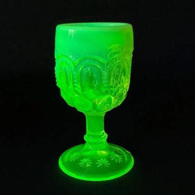 Vintage Moon & Stars Opalescent Uranium Glass Goblet