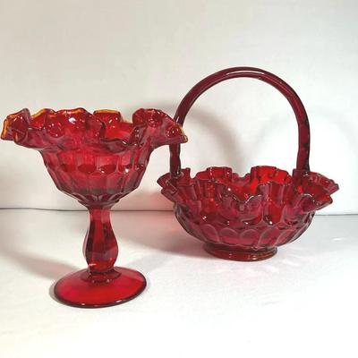 Fenton Ruby Red Thumbprint Compote Dish & Basket