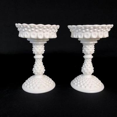 Vintage Fenton Hobnail Milk Glass Candlestick Pair