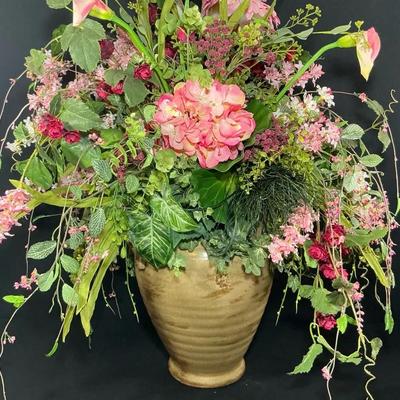 Pink Artificial Floral Arrangement In Large Glazed Ceramic Urn 