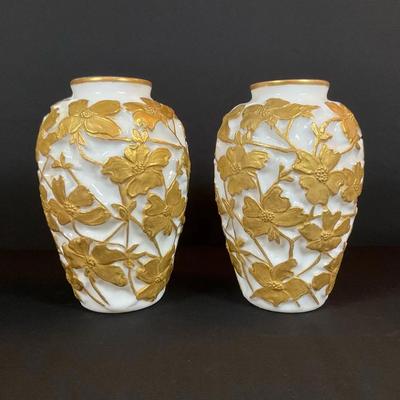 Consolidated Glass Co. Gilt Milk Glass Vases