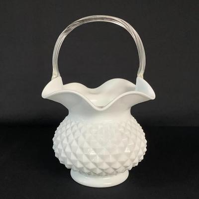 Vintage Milk Glass Basket, Diamond Point Pattern