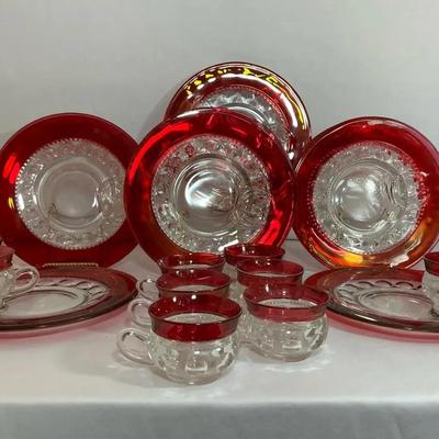 Kings Crown Pattern Ruby Flashed Snack Plate & Cup Collection I