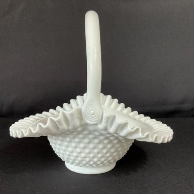 Fenton Hobnail Milk Glass Crimped Edge Basket