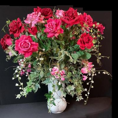 Large Faux Rose Plant In A White Vase