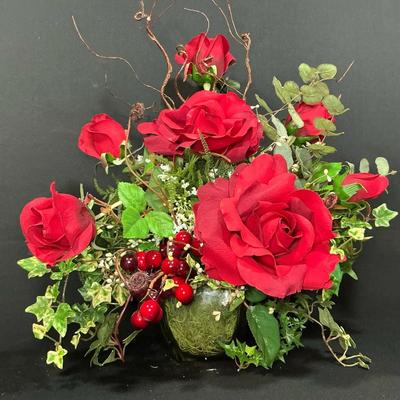 Artificial Red Rose Floral Arrangement In Glass Vase 