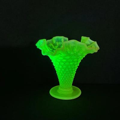 Fenton Hobnail Topaz Uranium Opalescent Ruffled Trumpet Vase #2