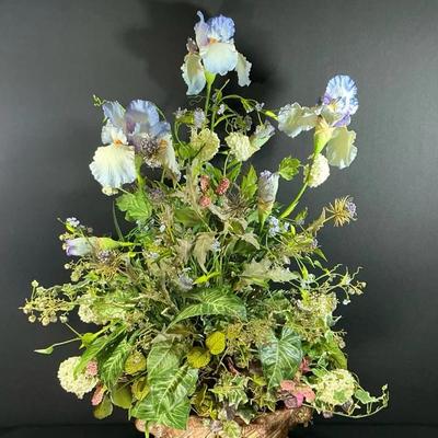 Artificial Blue Iris Floral Arrangement In Golden Ceramic Planter 