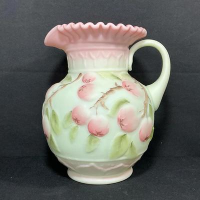 Signed Handpinted Fenton Art Glass Burmese Lotus Mist Apple Tree Pitcher 
