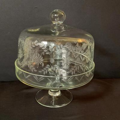 Vintage Etched Glass Lidded Pedestal Cake Stand