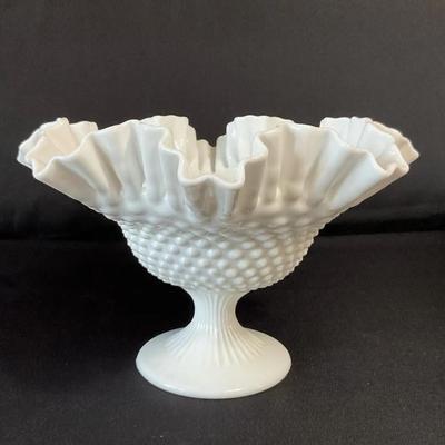 Fenton Milk Glass Hobnail Ruffled Pedestal Bowl