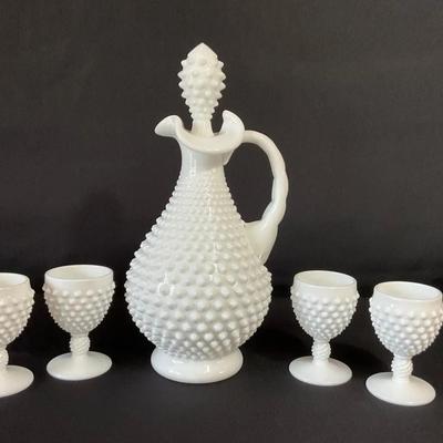Fenton Milk Glass Hobnail Wine Set