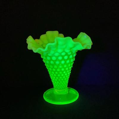 Fenton Hobnail Topaz Uranium Opalescent Ruffled Trumpet Vase #1