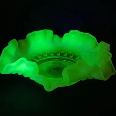 Fenton Topaz Uranium Opalescent Hobnail Ruffled Dish