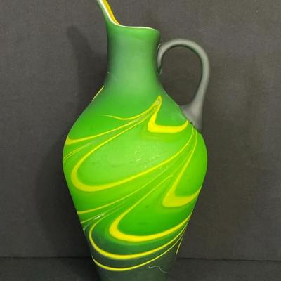 Hand Blown Glass Pitcher Green & Yellow Swirl