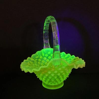 Fenton Topaz Vaseline Uranium Hobnail Medium Basket