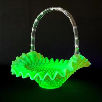 Vintage Fenton Topaz Opalescent Hobnail Uranium Glass Basket