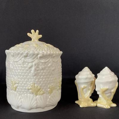Belleek Irish Porcelain Shell Biscuit Jar With Neptune Nautilus Salt And Pepper Shakers