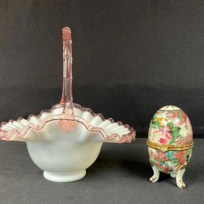 Fenton Rose Crest Basket & Baum Bros Porcelain Egg Trinket Box
