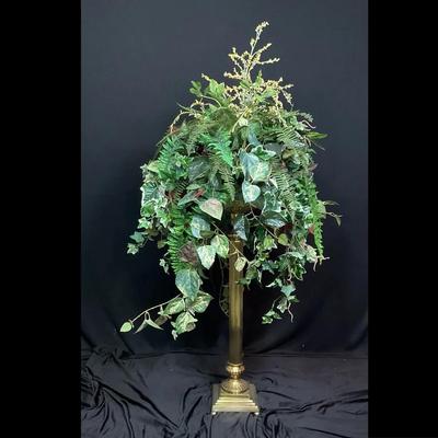 Faux Greenery On Gold Tone Pedestal Vase