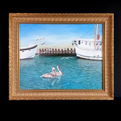 Framed Harbor Oil Painting by Mae Borak