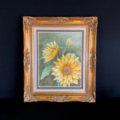 Framed Sunflower Watercolor by Mae Borak