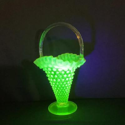 Fenton Hobnail Topaz Uranium Opalescent Ruffled Trumpet Basket #1