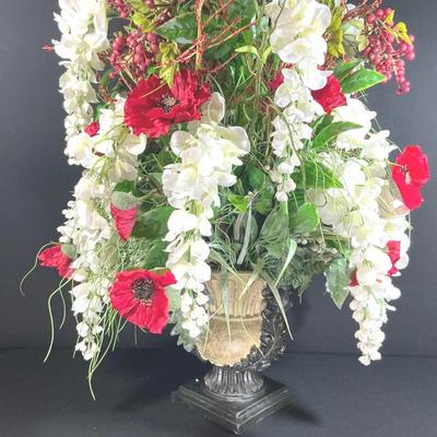 Artificial Red Floral Arrangement In Resin Urn 