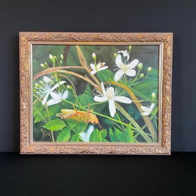 Framed Grasshopper Oil Painting by Mae Borak