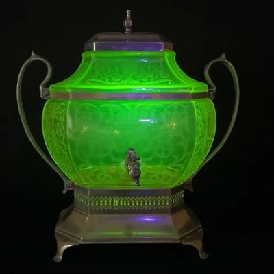 Antique Vaseline Glass & Silver Plated Samovar