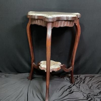 French Style Carved Two Tier Table With Marble Medium