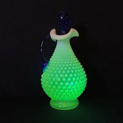Fenton Uranium glass Hobnail Decanter With Blue Top