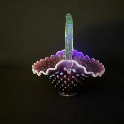 Fenton Plum Opalescent Hobnail Basket With Uranium Handle
