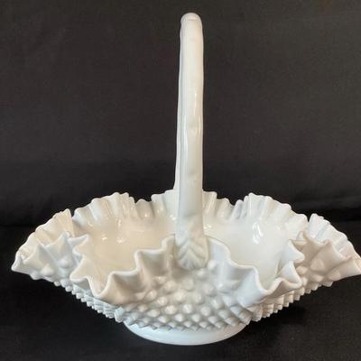 Fenton Milk Glass Hobnail Ruffled Edge Basket