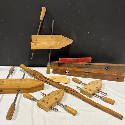 Antique Vintage Stanley Wood & Brass Spirit Level + Craftsman Handscrew Clamps + Walking Stick