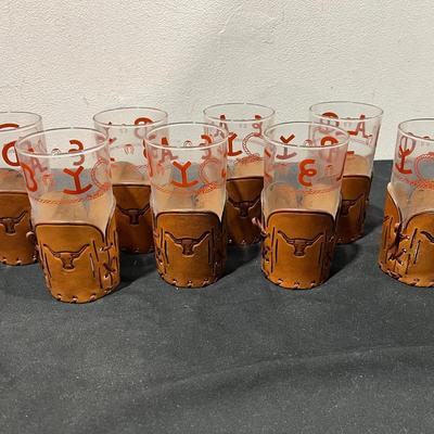 Vintage 50s Libbey Bamco Ranch Brands Highball Drinking Glasses W/ Tooled Leather