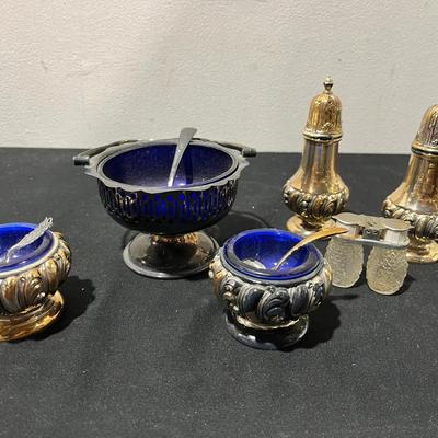 Vintage 60s Cobalt Blue Glass Sugar/Jam Dishes On Plated Metal & S&P Shakers
