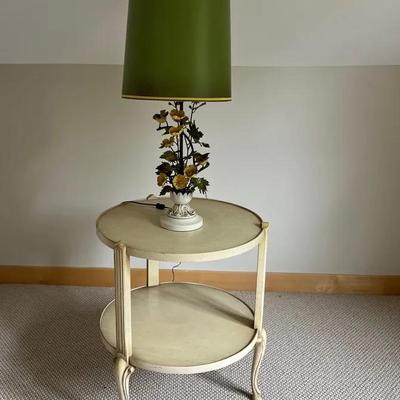 Whimsical Vintage Italian Tole Flowers Table Lamp & Vintage Two Tier Side Table 