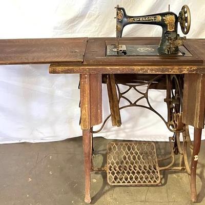Antique “Elgin” Treadle Sewing Machine & Wooden Table