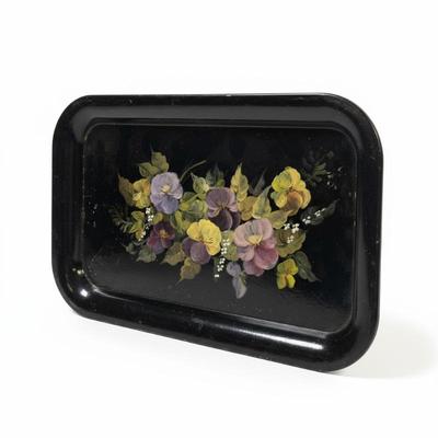 Sale Photo Thumbnail #11: ANTIQUE SMALL HAND PAINTED TOLE TRAY PANSIES
