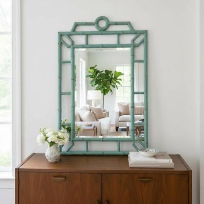 Sale Photo Thumbnail #12: LARGE VINTAGE LACQUERED CHINOISERIE STYLE BAMBOO FRAMED BEVELED MIRROR