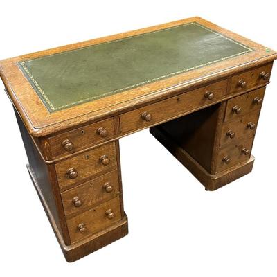 Sale Photo Thumbnail #145: ANTIQUE 19TH C PETITE OAK DESK WITH TOOLED LEATHER TOP