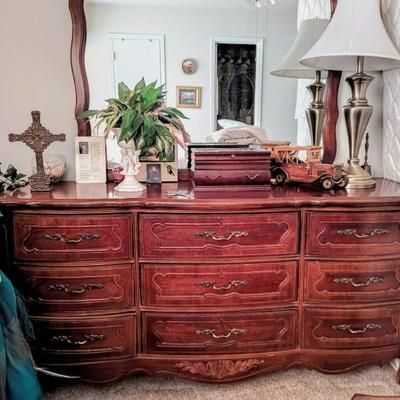 9-drawer solid wood dresser with mirror $300
(2 matching nightstands and headboard can be sold together as set)