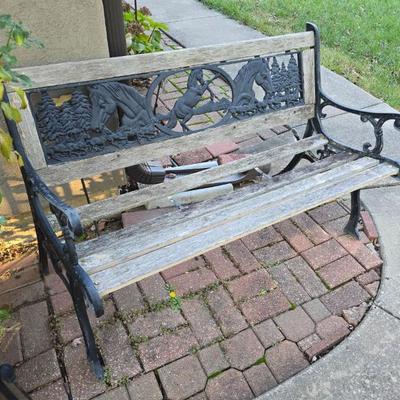 Cast iron and wood garden bench with Horse Design 
