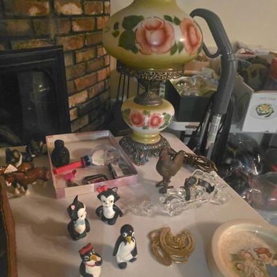 Old Parlor Lamp, Cast Iron Rooster and Salt and Pepper Shakers