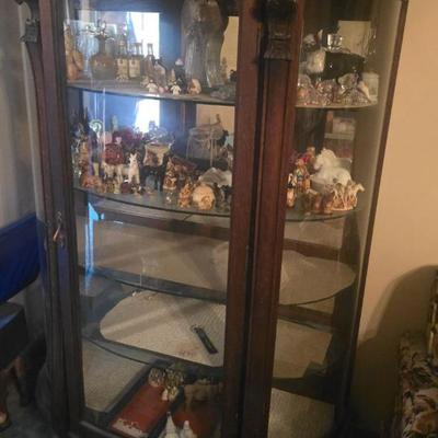 Antique Hand Carved Lion Head Curved Glass Curio Cabinet walnut 