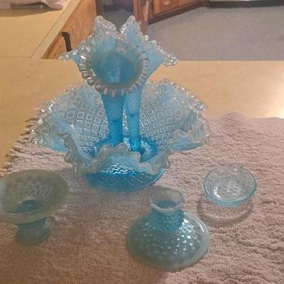 Fenton Art Glass blue opalescent diamond lace epergne