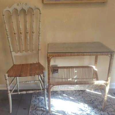 Accent Chair and Glass Top Wicker Table with Magazine Rack 